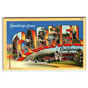 Greetings from Carmel California Large Letter Linen Postcard Curt Teich